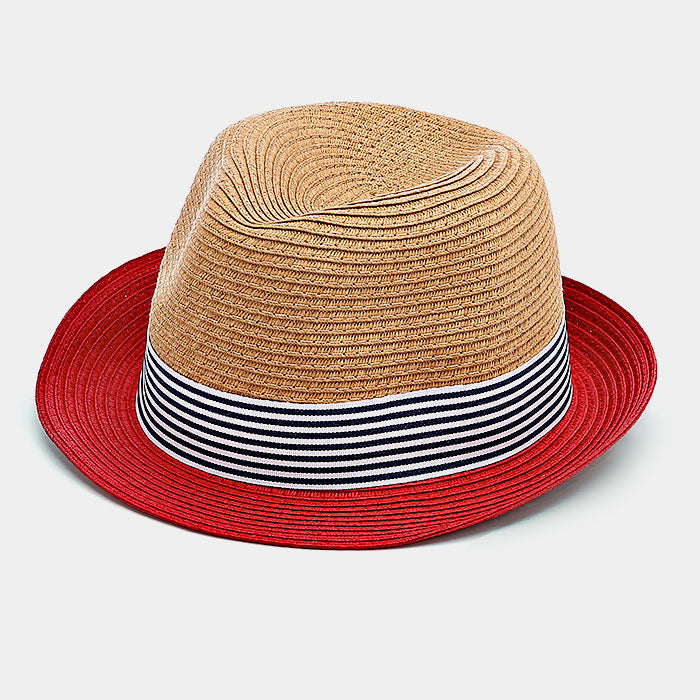 HATEGORY Striped Color Block Straw Fedora Hat