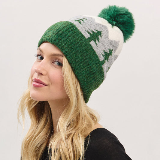 HATEGORY Holiday Pine Tree Pattern Fleeced Pom Pom Winter Beanie Hat