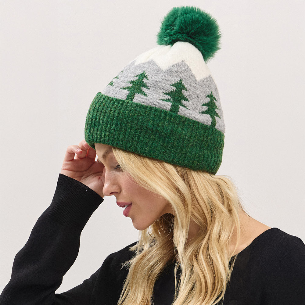 HATEGORY Holiday Pine Tree Pattern Fleeced Pom Pom Winter Beanie Hat