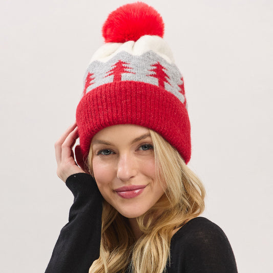 HATEGORY Holiday Pine Tree Pattern Fleeced Pom Pom Winter Beanie Hat