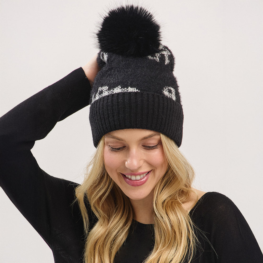 HATEGORY Paid Pattern Faux Fur Mixed Fleeced Pom Pom Winter Beanie Hat