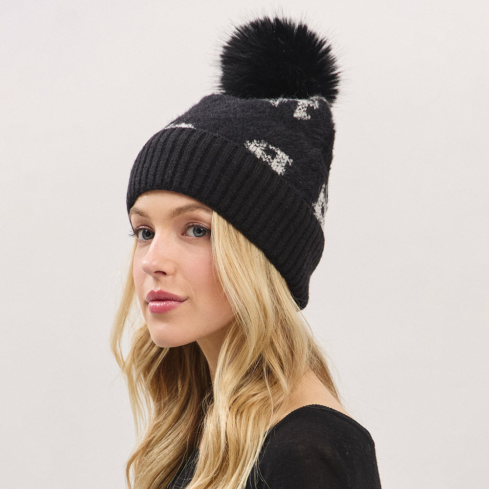 HATEGORY Paid Pattern Faux Fur Mixed Fleeced Pom Pom Winter Beanie Hat