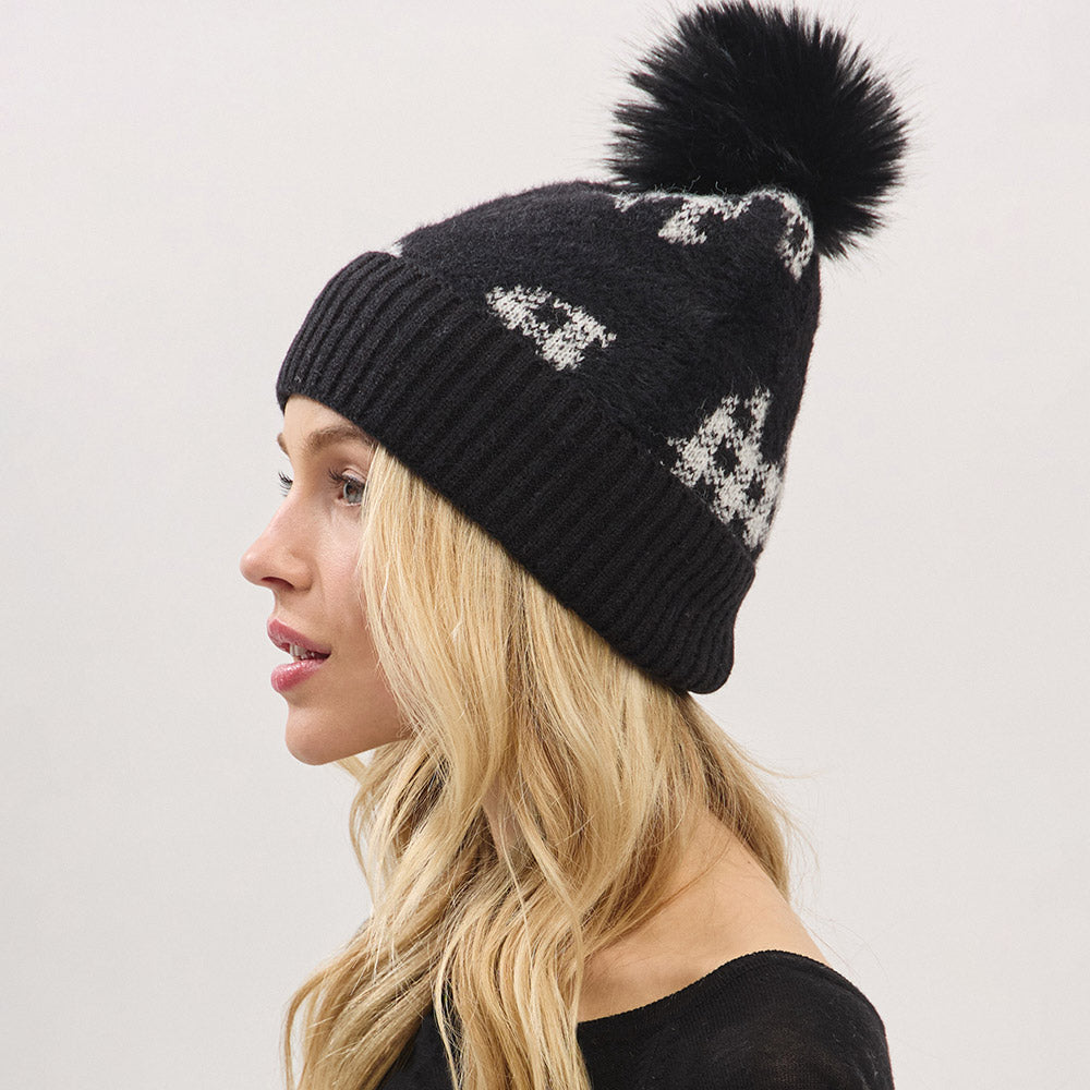 HATEGORY Paid Pattern Faux Fur Mixed Fleeced Pom Pom Winter Beanie Hat