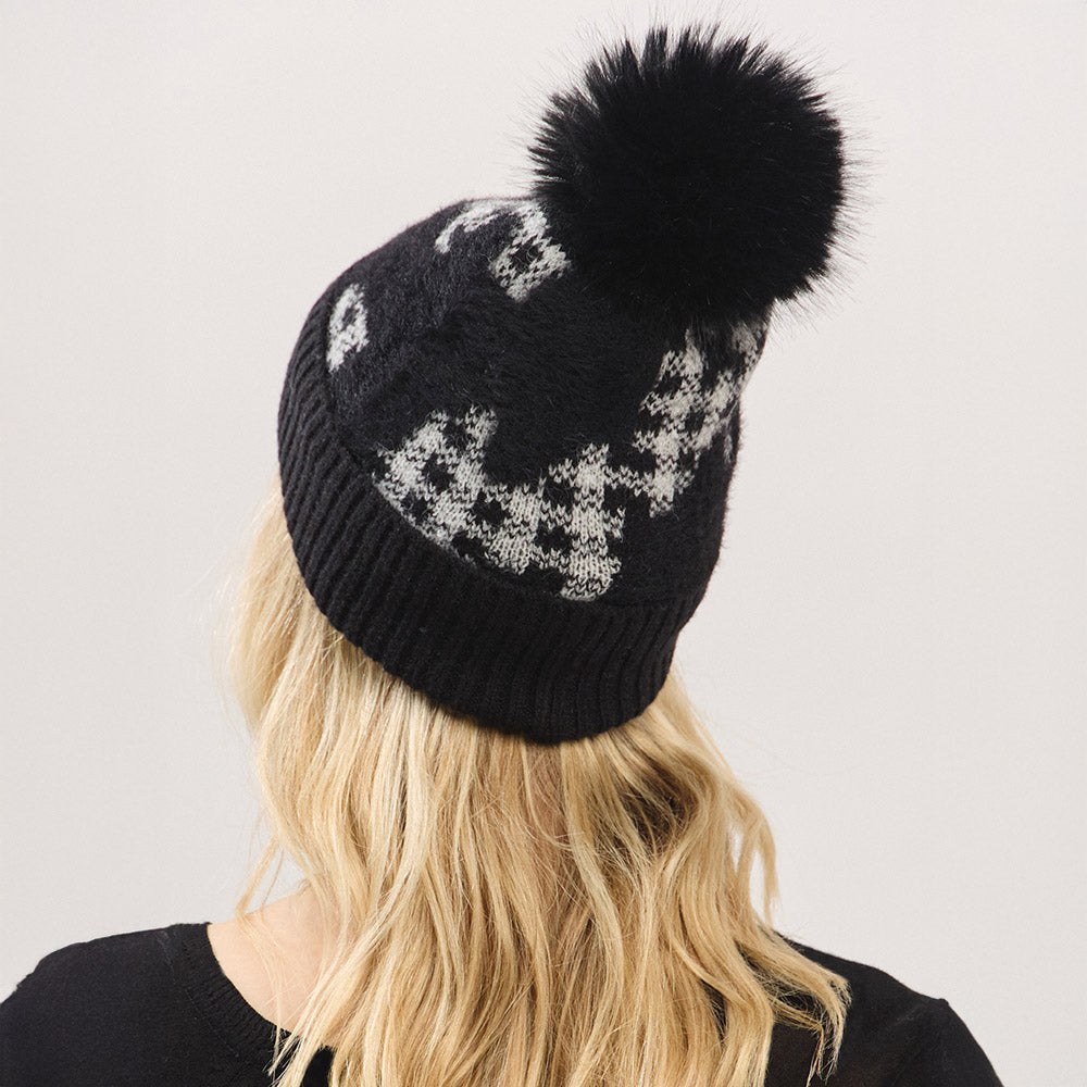 HATEGORY Paid Pattern Faux Fur Mixed Fleeced Pom Pom Winter Beanie Hat