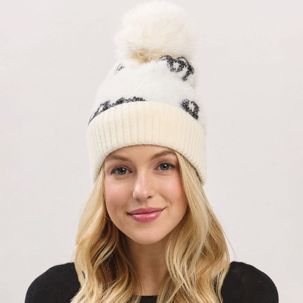 HATEGORY Paid Pattern Faux Fur Mixed Fleeced Pom Pom Winter Beanie Hat