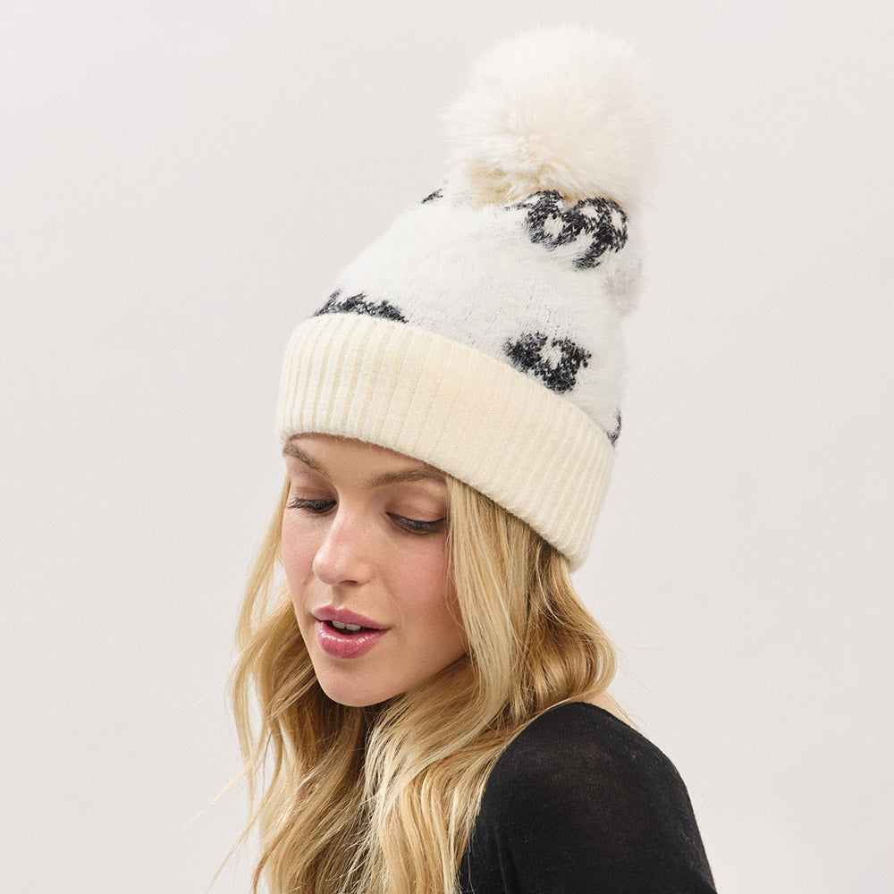 HATEGORY Paid Pattern Faux Fur Mixed Fleeced Pom Pom Winter Beanie Hat