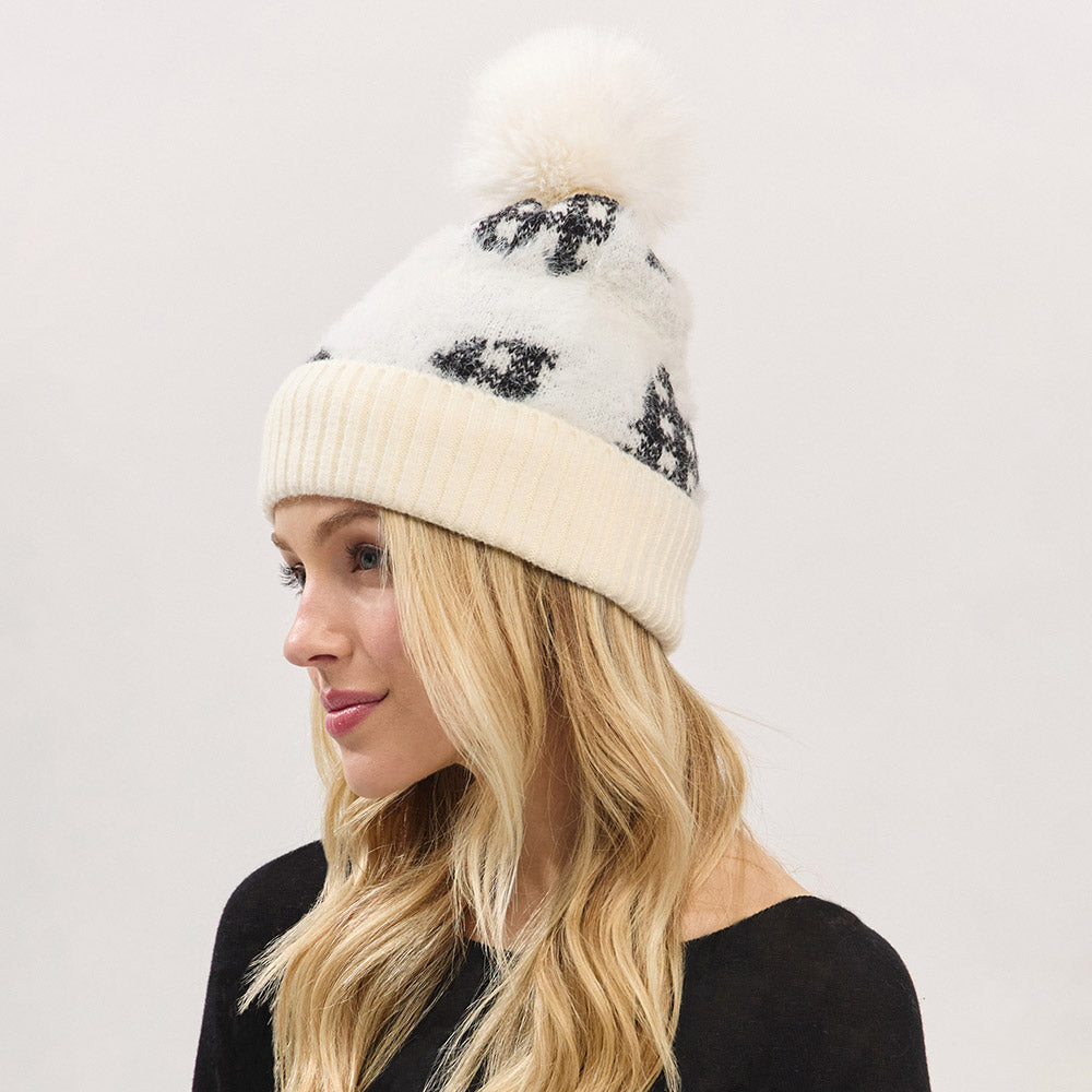HATEGORY Paid Pattern Faux Fur Mixed Fleeced Pom Pom Winter Beanie Hat