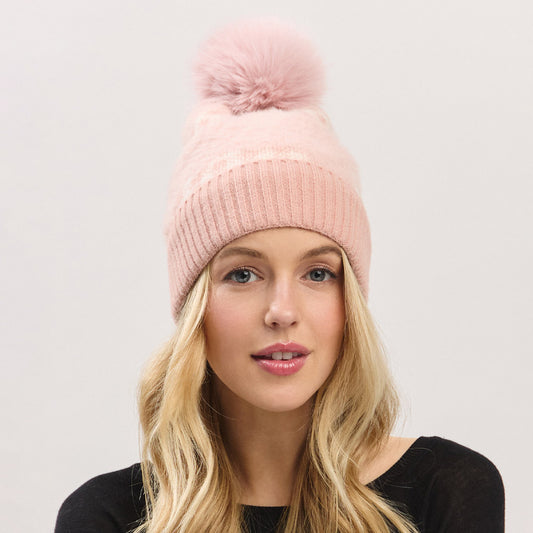 HATEGORY Paid Pattern Faux Fur Mixed Fleeced Pom Pom Winter Beanie Hat