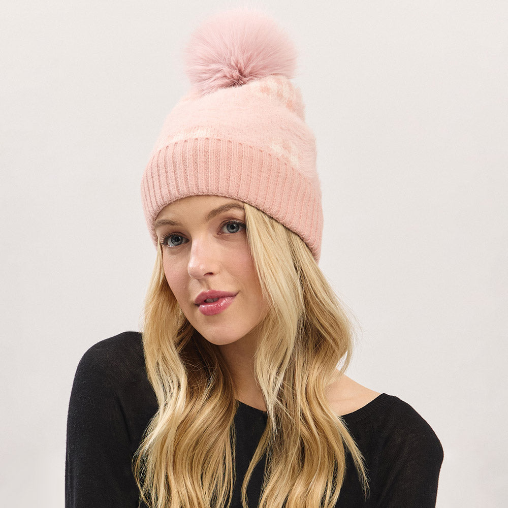 HATEGORY Paid Pattern Faux Fur Mixed Fleeced Pom Pom Winter Beanie Hat