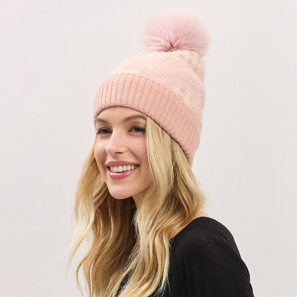 HATEGORY Paid Pattern Faux Fur Mixed Fleeced Pom Pom Winter Beanie Hat