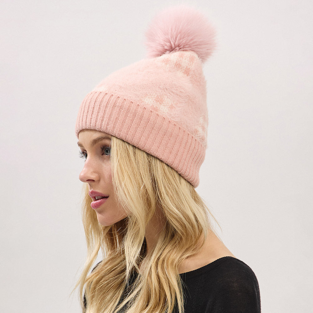 HATEGORY Paid Pattern Faux Fur Mixed Fleeced Pom Pom Winter Beanie Hat