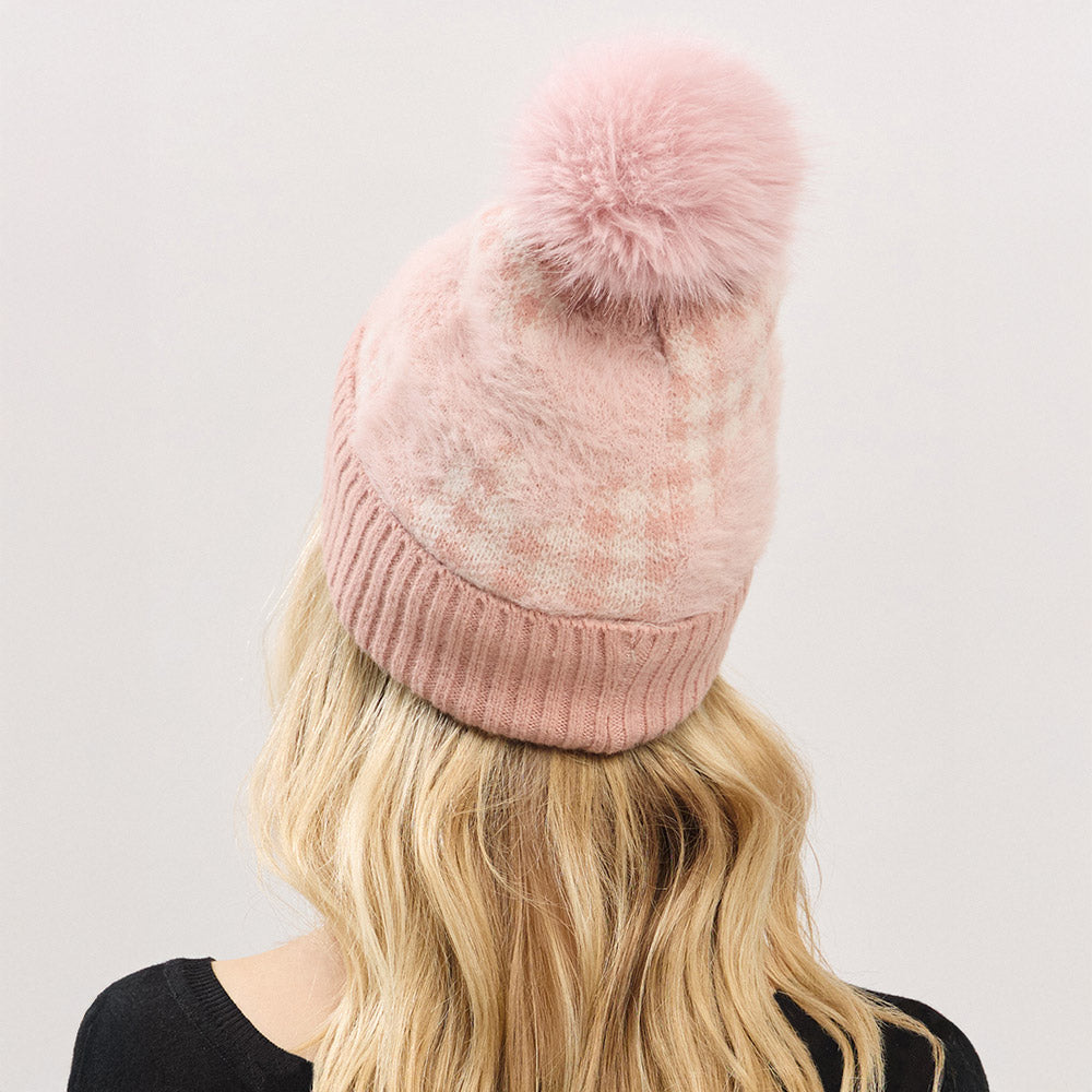 HATEGORY Paid Pattern Faux Fur Mixed Fleeced Pom Pom Winter Beanie Hat