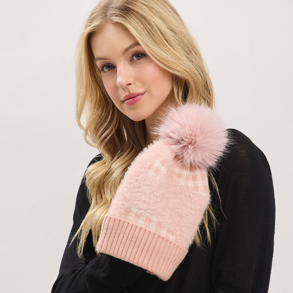 HATEGORY Paid Pattern Faux Fur Mixed Fleeced Pom Pom Winter Beanie Hat