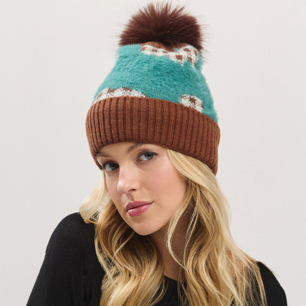 HATEGORY Paid Pattern Faux Fur Mixed Fleeced Pom Pom Winter Beanie Hat