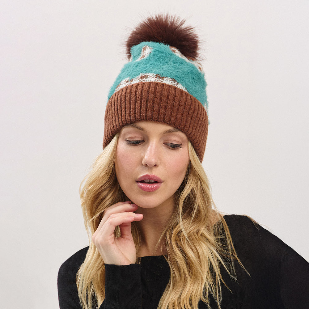 HATEGORY Paid Pattern Faux Fur Mixed Fleeced Pom Pom Winter Beanie Hat