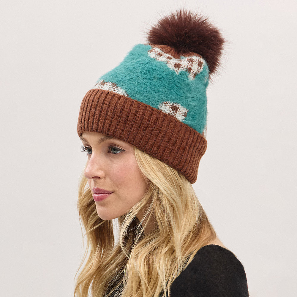 HATEGORY Paid Pattern Faux Fur Mixed Fleeced Pom Pom Winter Beanie Hat