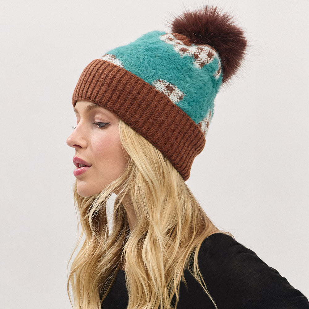 HATEGORY Paid Pattern Faux Fur Mixed Fleeced Pom Pom Winter Beanie Hat