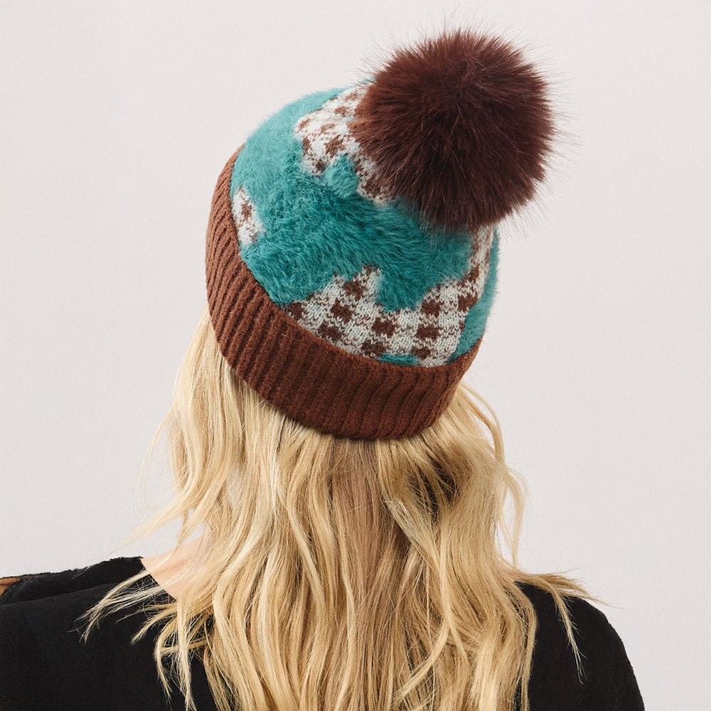 HATEGORY Paid Pattern Faux Fur Mixed Fleeced Pom Pom Winter Beanie Hat