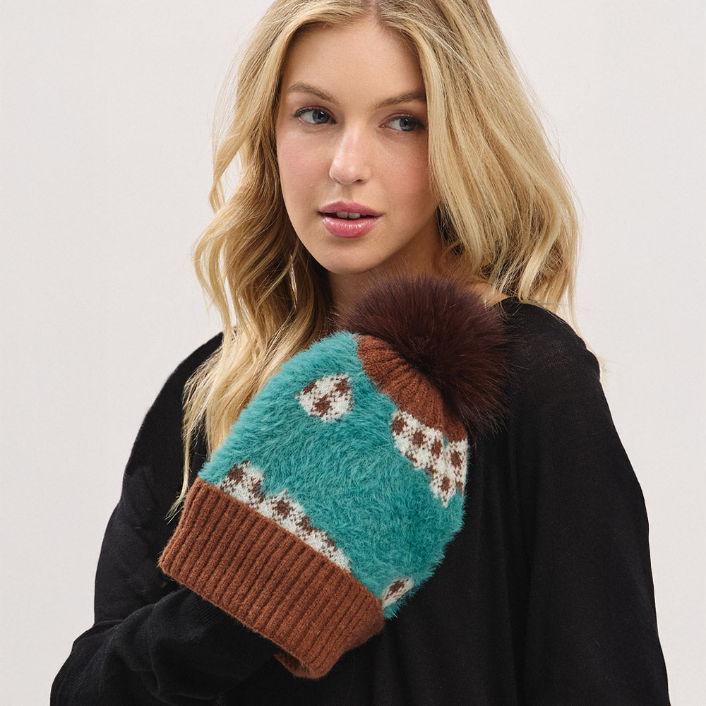 HATEGORY Paid Pattern Faux Fur Mixed Fleeced Pom Pom Winter Beanie Hat