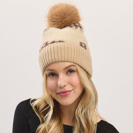 HATEGORY Paid Pattern Faux Fur Mixed Fleeced Pom Pom Winter Beanie Hat