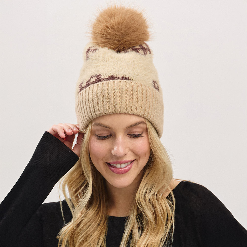 HATEGORY Paid Pattern Faux Fur Mixed Fleeced Pom Pom Winter Beanie Hat