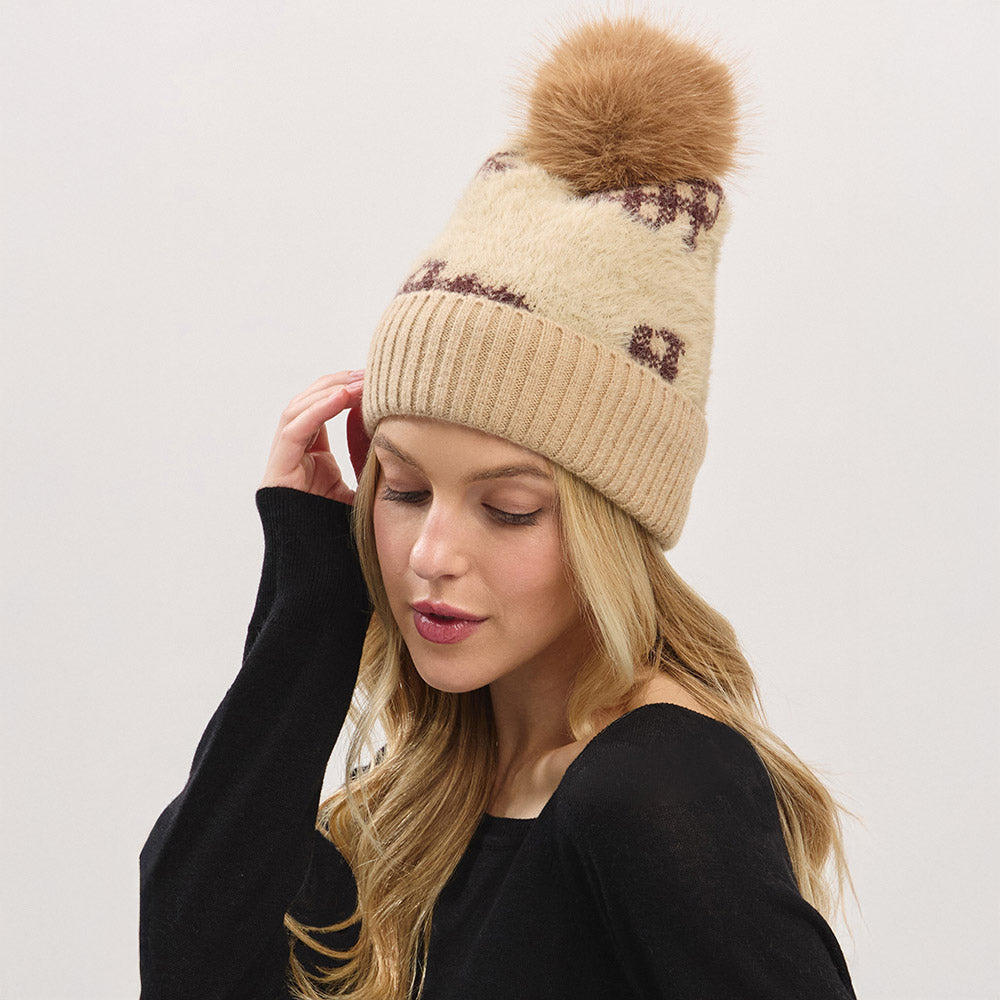 HATEGORY Paid Pattern Faux Fur Mixed Fleeced Pom Pom Winter Beanie Hat