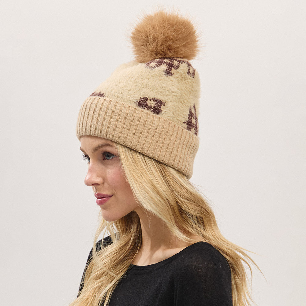 HATEGORY Paid Pattern Faux Fur Mixed Fleeced Pom Pom Winter Beanie Hat