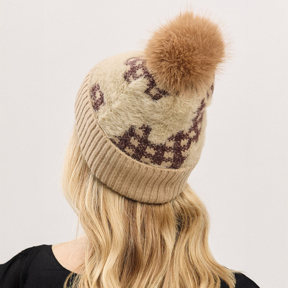 HATEGORY Paid Pattern Faux Fur Mixed Fleeced Pom Pom Winter Beanie Hat