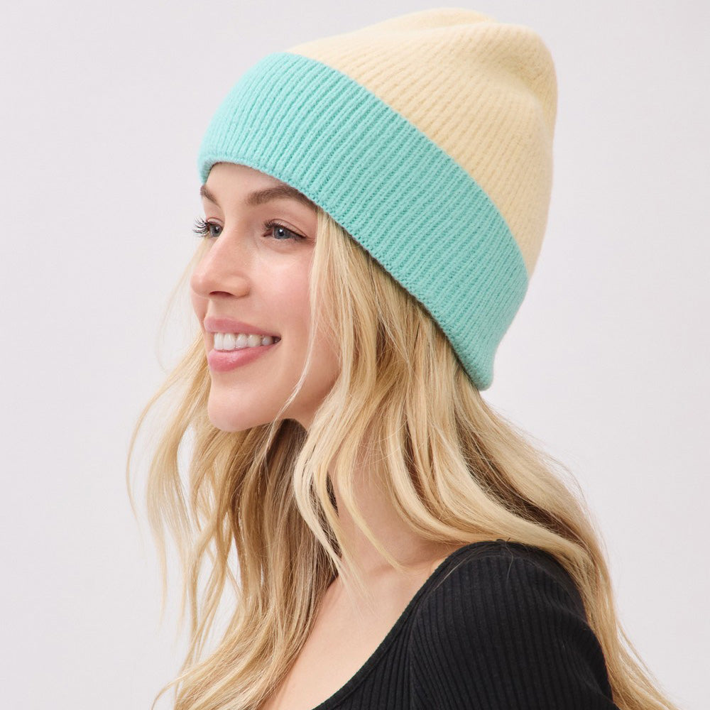 HATEGORY Two Tone Soft Fuzzy Knit Winter Beanie Hat