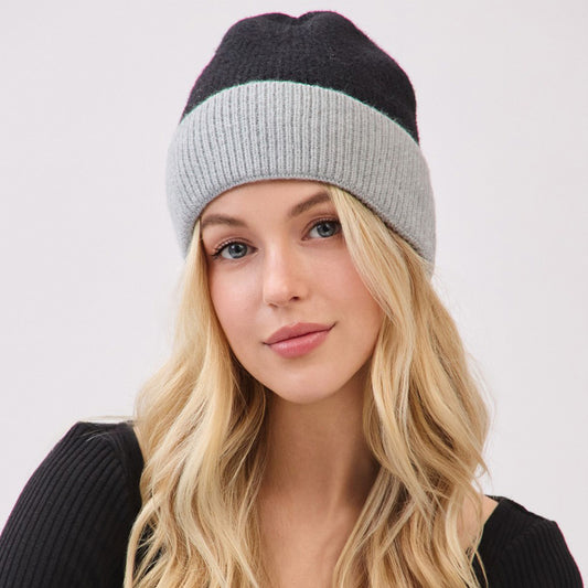 HATEGORY Two Tone Soft Fuzzy Knit Winter Beanie Hat