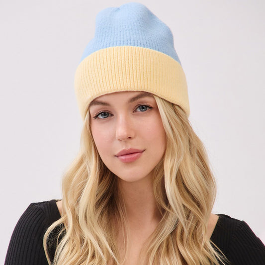 HATEGORY Two Tone Soft Fuzzy Knit Winter Beanie Hat