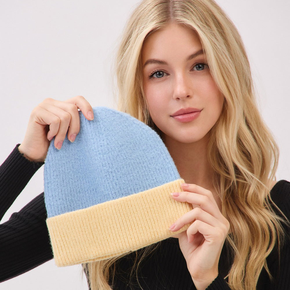 HATEGORY Two Tone Soft Fuzzy Knit Winter Beanie Hat