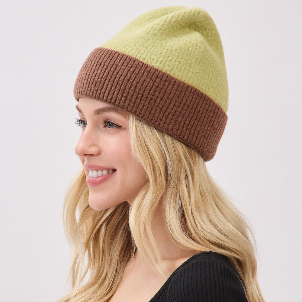 HATEGORY Two Tone Soft Fuzzy Knit Winter Beanie Hat