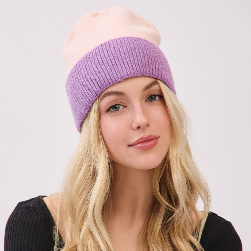 HATEGORY Two Tone Soft Fuzzy Knit Winter Beanie Hat