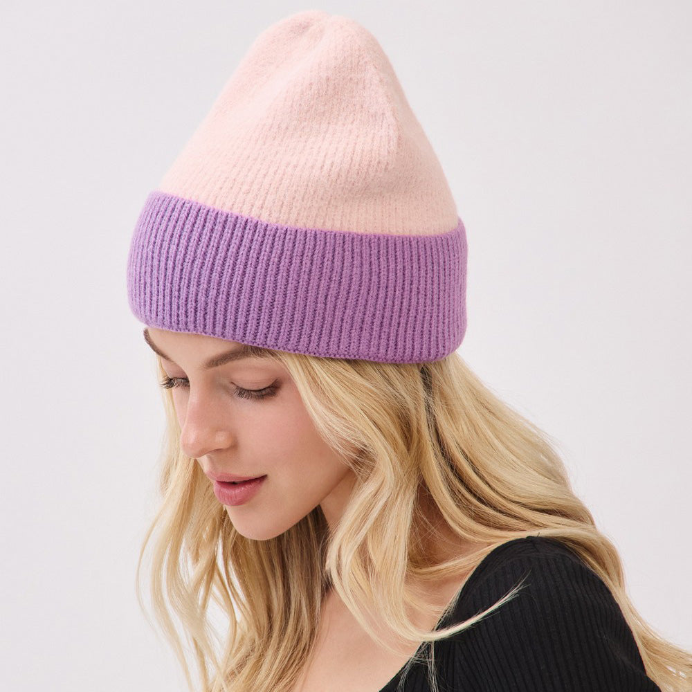 HATEGORY Two Tone Soft Fuzzy Knit Winter Beanie Hat