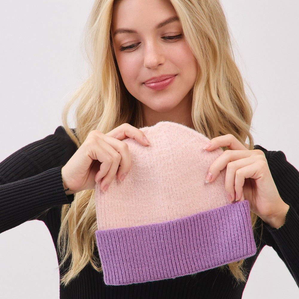 HATEGORY Two Tone Soft Fuzzy Knit Winter Beanie Hat