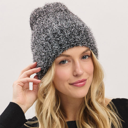 HATEGORY Fuzzy Lurex Metallic Knit Winter Beanie Hat