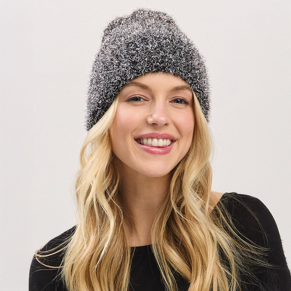HATEGORY Fuzzy Lurex Metallic Knit Winter Beanie Hat