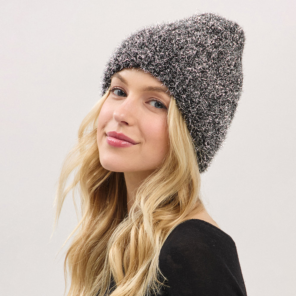HATEGORY Fuzzy Lurex Metallic Knit Winter Beanie Hat