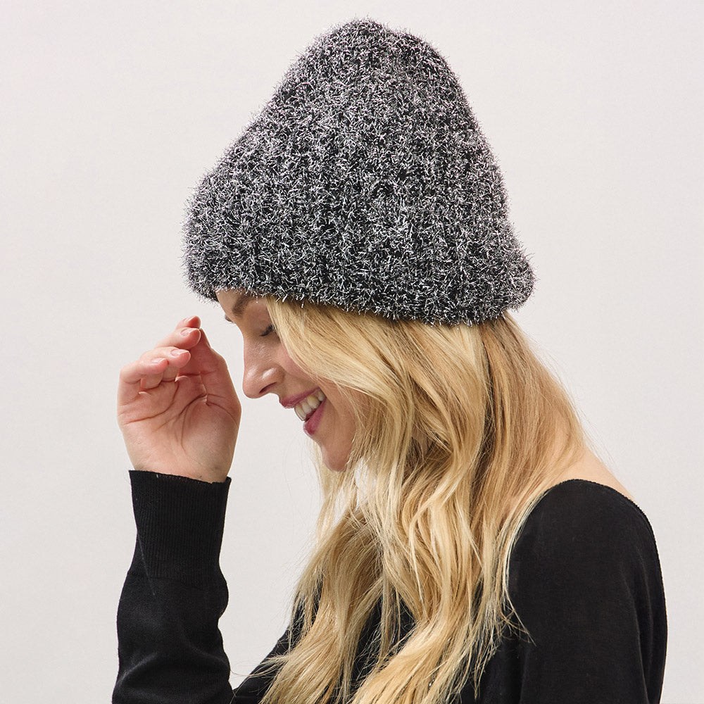 HATEGORY Fuzzy Lurex Metallic Knit Winter Beanie Hat