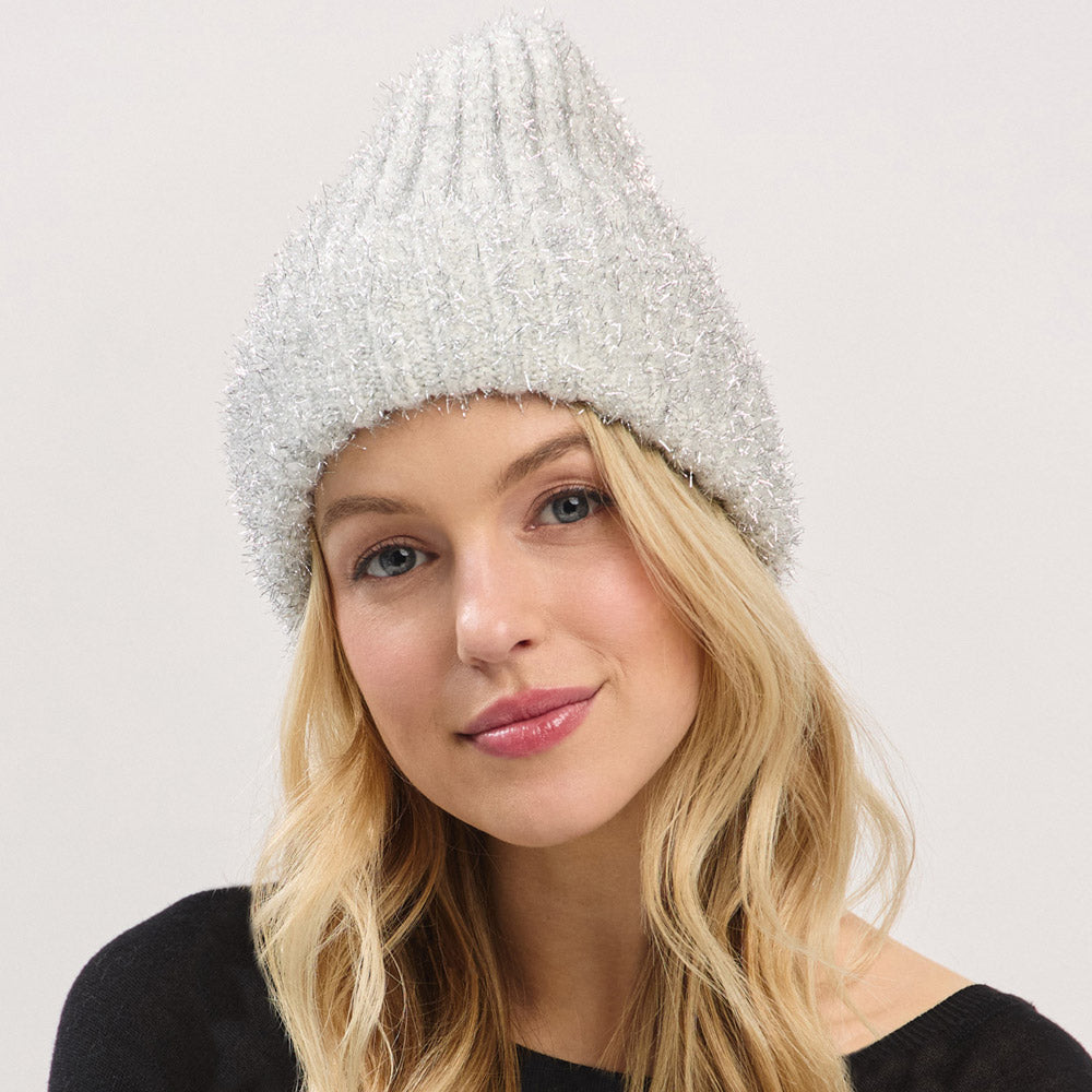 HATEGORY Fuzzy Lurex Metallic Knit Winter Beanie Hat