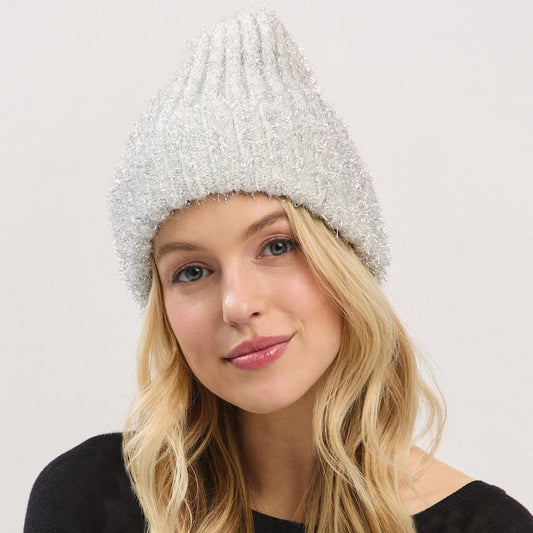 HATEGORY Fuzzy Lurex Metallic Knit Winter Beanie Hat
