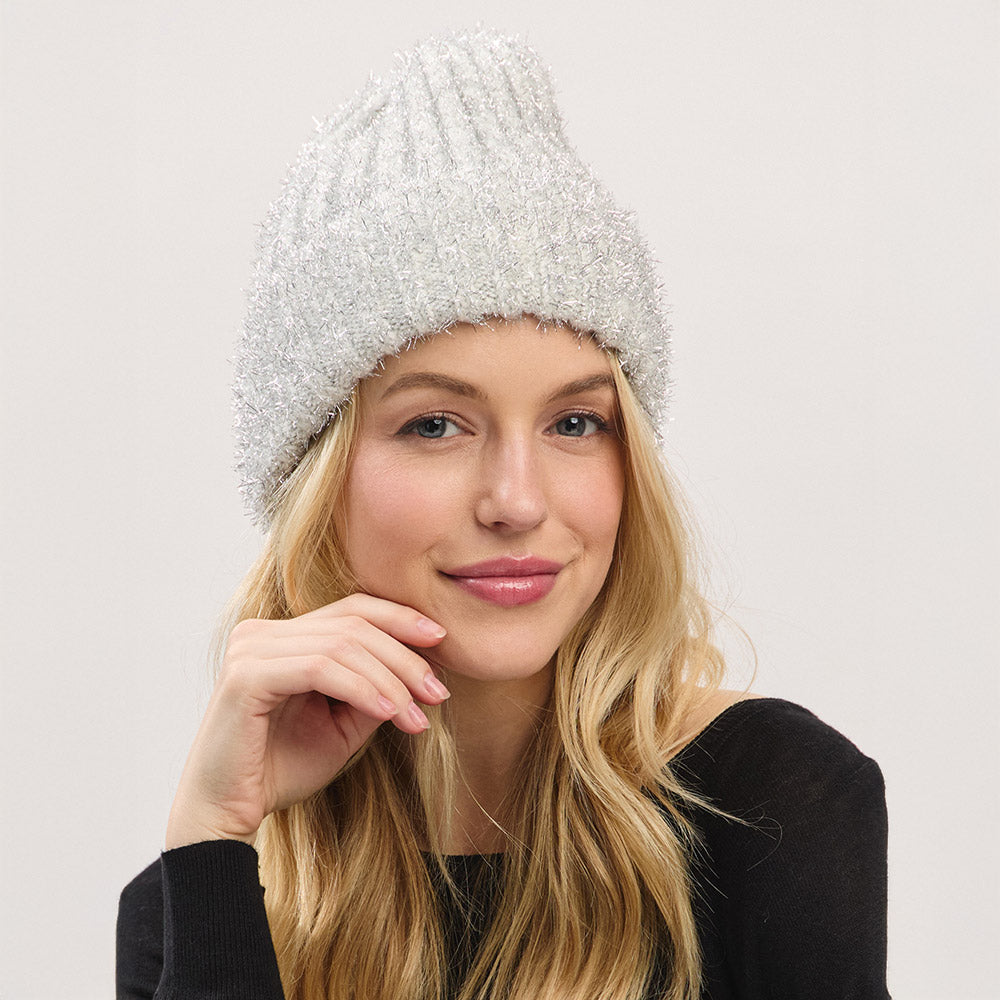 HATEGORY Fuzzy Lurex Metallic Knit Winter Beanie Hat