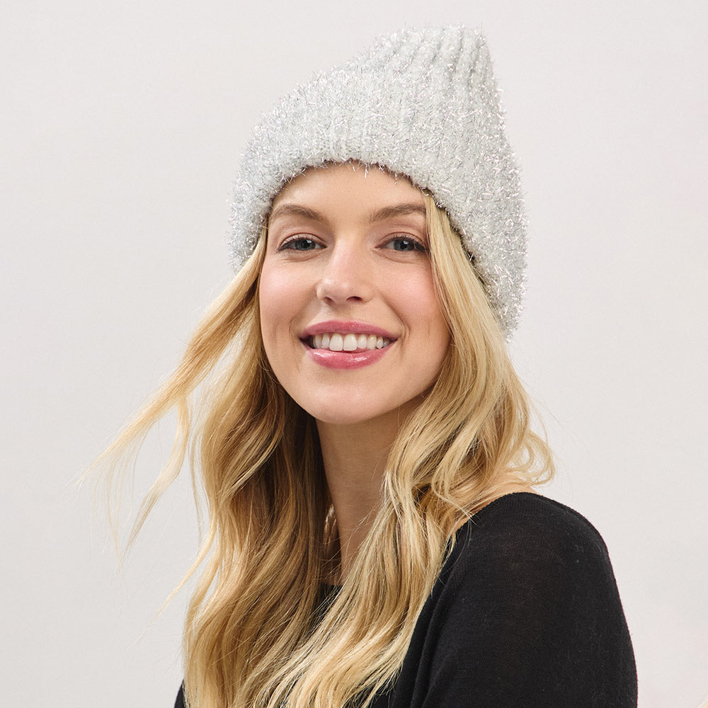 HATEGORY Fuzzy Lurex Metallic Knit Winter Beanie Hat
