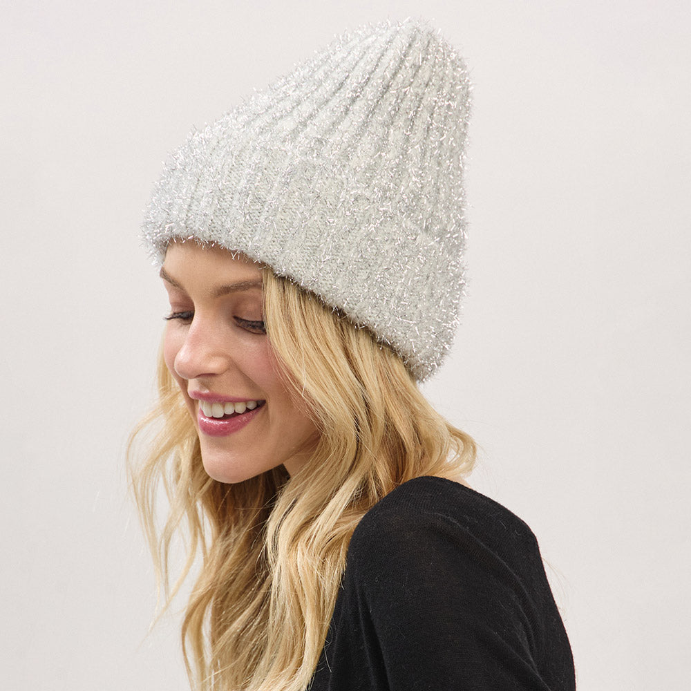 HATEGORY Fuzzy Lurex Metallic Knit Winter Beanie Hat