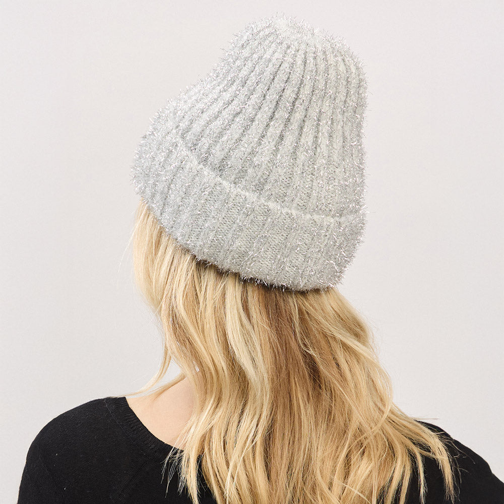HATEGORY Fuzzy Lurex Metallic Knit Winter Beanie Hat