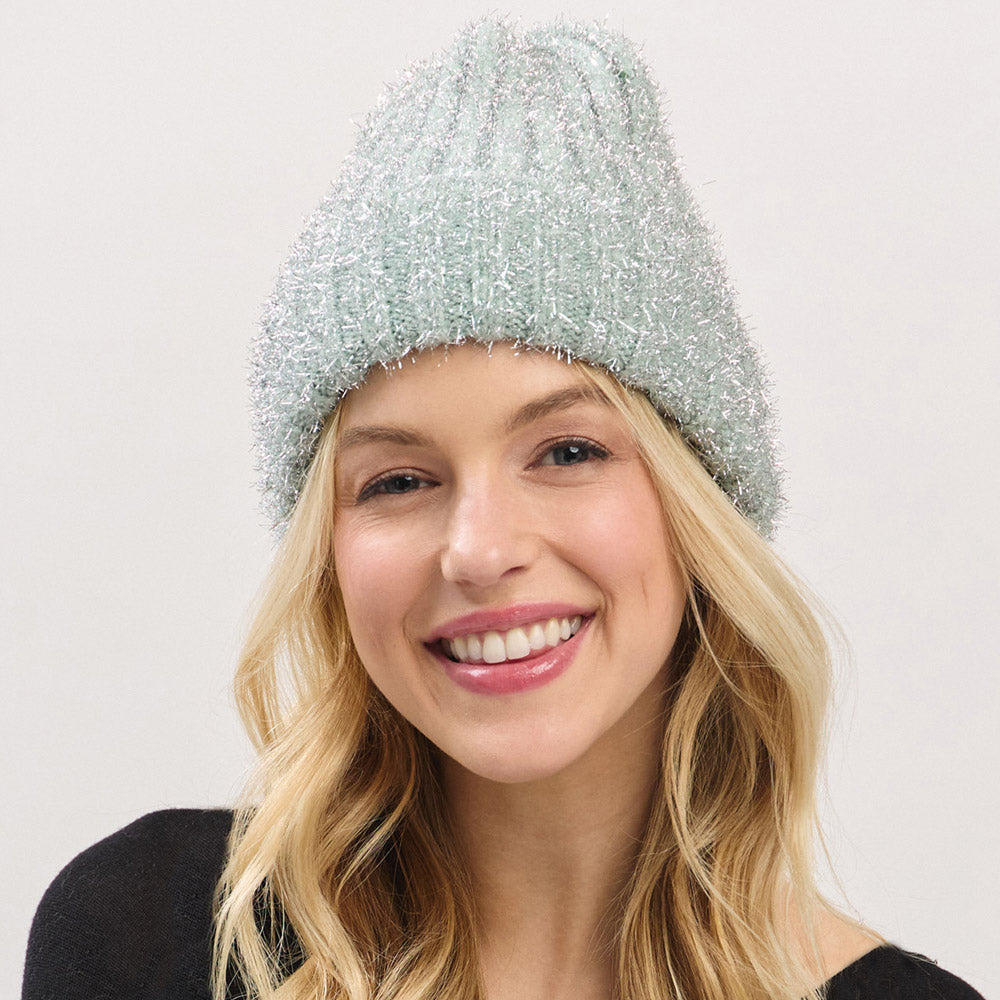 HATEGORY Fuzzy Lurex Metallic Knit Winter Beanie Hat