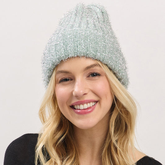 HATEGORY Fuzzy Lurex Metallic Knit Winter Beanie Hat