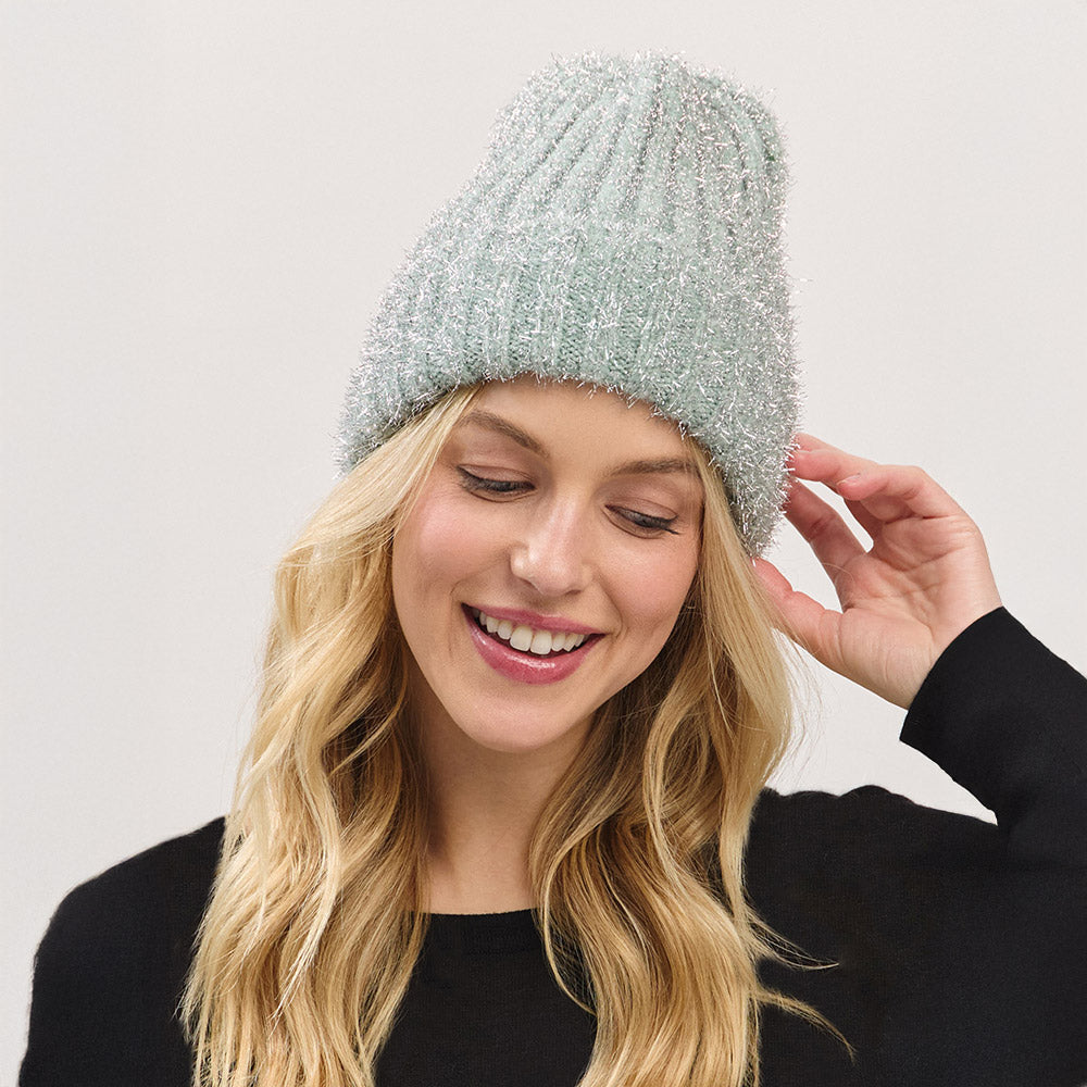HATEGORY Fuzzy Lurex Metallic Knit Winter Beanie Hat