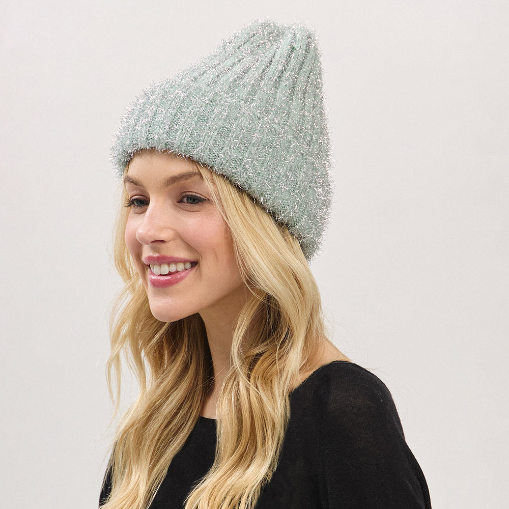 HATEGORY Fuzzy Lurex Metallic Knit Winter Beanie Hat